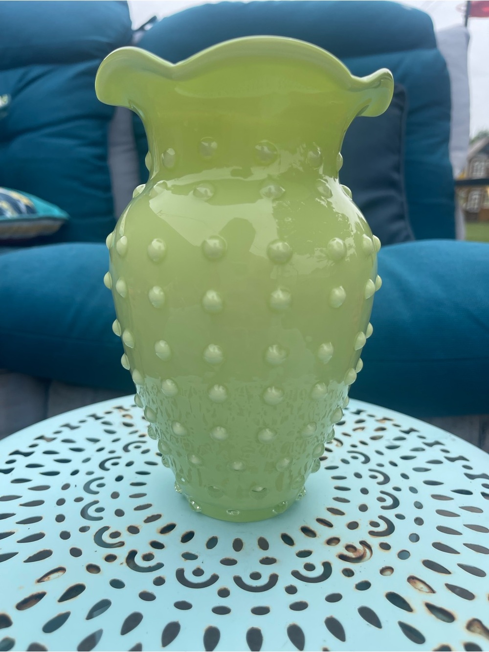 Vintage Fenton Style Hobnail Green Milk Glass Vase Scalloped Rim Bud Vase